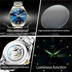 OLEVS Watch for Men Automatic Mechanical Self Winding Two Tone Stainless Steel Diamond Business Calendar Waterproof Luminous Wrist Watch Blue Dial