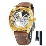 Caluxe Men's Automatic Self Wind Watch Skeleton Mechanical Wrist Watch for Men Waterproof with Removable Silicone and Vintage Leather Band Gift Set Package (Gold)