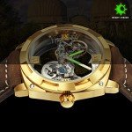 Caluxe Men's Automatic Self Wind Watch Skeleton Mechanical Wrist Watch for Men Waterproof with Removable Silicone and Vintage Leather Band Gift Set Package (Gold)