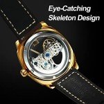 Caluxe Men's Automatic Self Wind Watch Skeleton Mechanical Wrist Watch for Men Waterproof with Removable Silicone and Vintage Leather Band Gift Set Package (Gold)