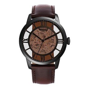 Fossil Men's Townsman Automatic Stainless Steel and Leather Three-Hand Skeleton Watch, Color: Black, Cognac (Model: ME3098)
