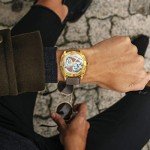 Caluxe Men's Automatic Self Wind Watch Skeleton Mechanical Wrist Watch for Men Waterproof with Removable Silicone and Vintage Leather Band Gift Set Package (Gold)