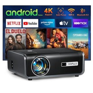 [Built-in Apps & Auto Focus/Keystone] 4K Smart Projector with WiFi and Bluetooth, VOPLLS 600ANSI Native 1080P Outdoor Projector, 50% Zoom Home Theater Movie Projector for Bedroom/iOS/Android/PPT