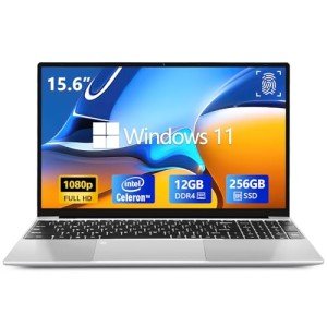 VGKE B15 Laptop Computer, 15.6" Full HD 1920 * 1080p Windows 11 Laptop with Backlit Keyboard, Intel Celeron Quad-Core J4125 Processor, 12GB DDR4 RAM 256GB SSD, Fingerprint Reader, Webcam, Silver