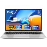 VGKE B15 Laptop Computer, 15.6" Full HD 1920 * 1080p Windows 11 Laptop with Backlit Keyboard, Intel Celeron Quad-Core J4125 Processor, 12GB DDR4 RAM 256GB SSD, Fingerprint Reader, Webcam, Silver