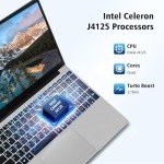 VGKE B15 Laptop Computer, 15.6" Full HD 1920 * 1080p Windows 11 Laptop with Backlit Keyboard, Intel Celeron Quad-Core J4125 Processor, 12GB DDR4 RAM 256GB SSD, Fingerprint Reader, Webcam, Silver