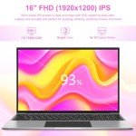 Laptop 16”, 16GB DDR5 512GB SSD, Quad Core N100 CPU(Up to 3.4GHz), FHD IPS 1200P Display, Laptop Computer with Cooling System, 38WH Battery, 2.4G+5G WiFi, BT4.0, 4 Speakers, Portable Business Laptops.