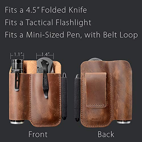EDC Leather Belt Knife Sheath Organizer for 4.5" Knife, Fit 1.1" Diameter Tactical Flashlight, Belt Tool Pouch, Pocket Slip Pouch, Pen Loop, EDC Holster Essential Carrier, Premium Leather. Chestnut.