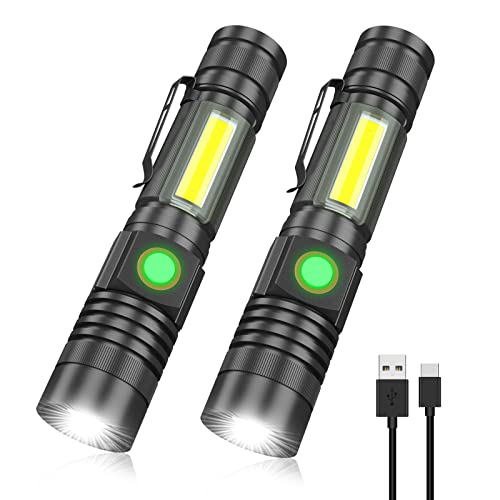 Vnina Rechargeable Tactical Flashlight, USB Magnetic Flashlights with COB Flash Light - 4 Models, Zoomable, Waterproof, LED Tactical Flashlight High Lumen Bright for Indoor Outdoor Camping 2 Pack