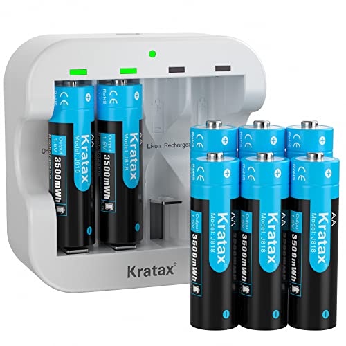 Kratax Rechargeable AA Batteries 3500mWh High Capacity Double A Li-ion Battery 1.5V Constant Voltage Output, 1600 Cycles, for Xbox Controller, Toys, Remote Controls, Flashlight-8 Pack with Charger