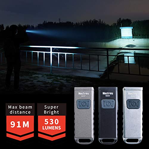 MecArmy SGN1 Mini USB Rechargeable Keychain EDC Flahlight, CREE XP-G2 S5 LED with 530 Lumens, Four Lighting Modes Plus One Strobe Zinc Alloy EDC Keychain Light for Everyday Carry (Gray)