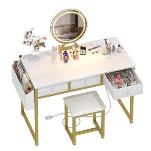 Lufeiya White Makeup Vanity with Lights and Chair