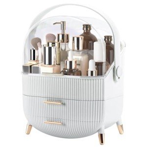 Elegant White Makeup Organizer with Lid and Drawers