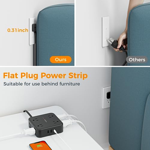 Flat Plug Power Strip with USB Charging Ports