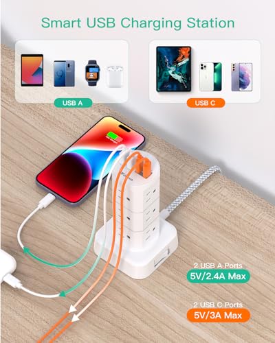 Surge Protector Tower: 12 Outlets & 4 USB Ports
