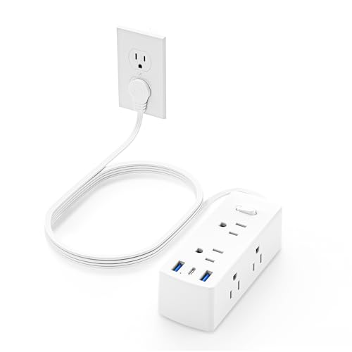 Flat Plug Power Strip with 6 Outlets & USBs