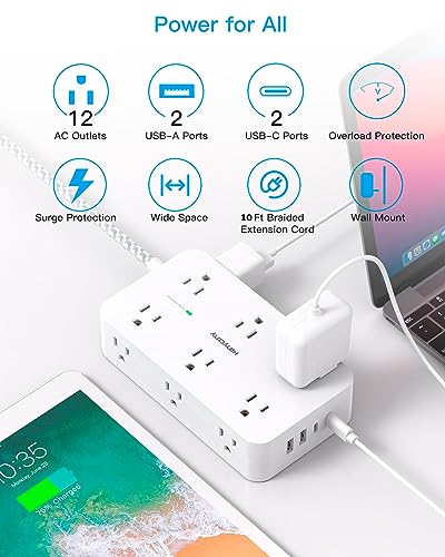 10 Ft Power Strip with 12 Outlets & USB Ports