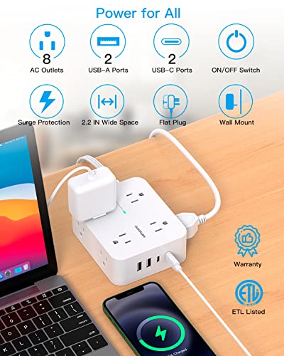8-Outlet Surge Protector with USB Ports & Flat Plug