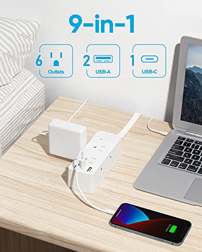 Flat Plug Power Strip with 6 Outlets & USBs