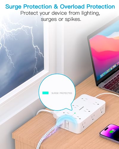 10 Ft Power Strip with 12 Outlets & USB Ports