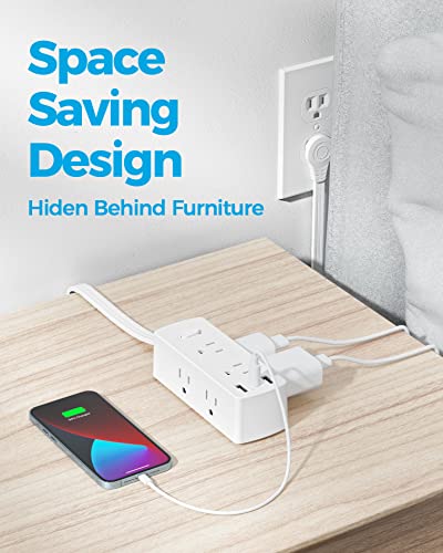 Flat Plug Power Strip with 6 Outlets & USBs