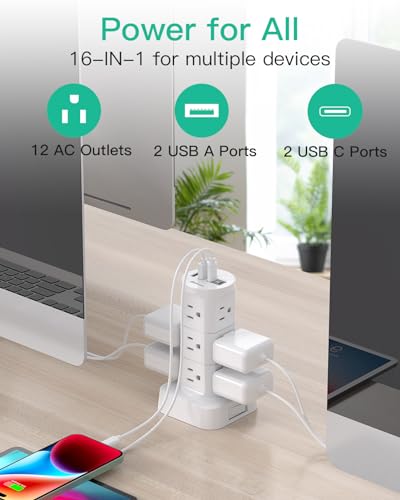 Surge Protector Tower: 12 Outlets & 4 USB Ports