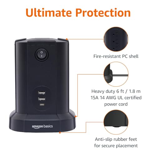 Amazon Basics Power Strip Tower with USB Ports