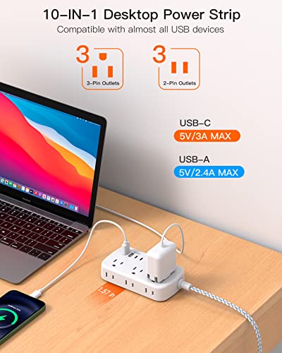 5FT Flat Plug Power Strip with USB Ports