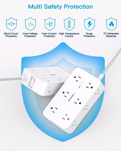 10 Ft Power Strip with 12 Outlets & USB Ports