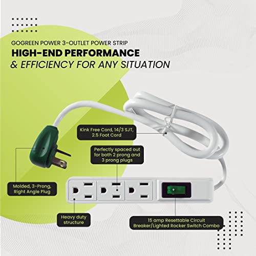 Compact 3-Outlet Power Strip with Right-Angled Plug