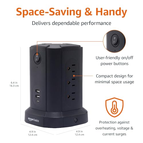 Amazon Basics Power Strip Tower with USB Ports