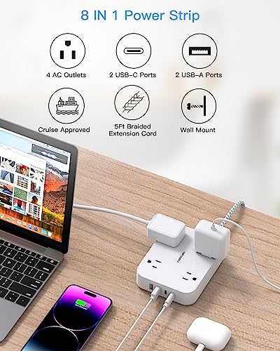 5ft Flat Plug Extension Cord with 4 USB Ports