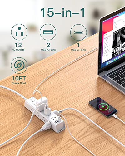 10 FT Power Strip with 12 AC Outlets & USB