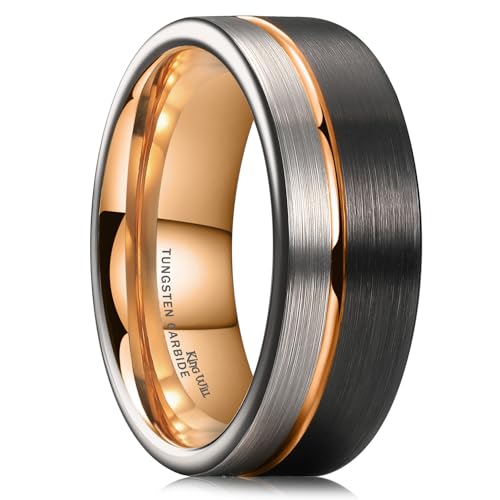 King Will LOOP Tungsten Carbide Wedding Band 8mm Rose Gold Line Ring Black and Silver Brushed Comfort Fit13