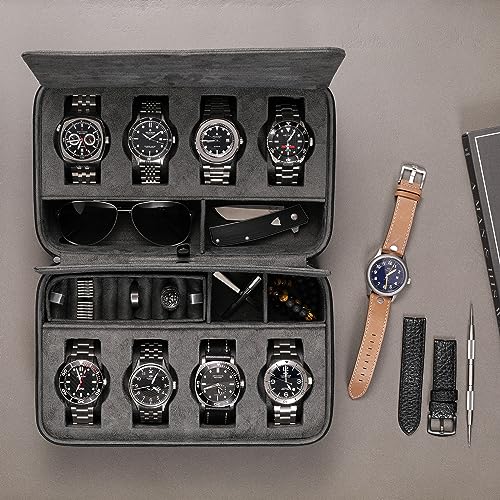 ROTHWELL 8 Watch Travel Case Storage Organizer for 8 Watches, Sunglasses, Rings & Cufflinks |Tough Portable Protection with Zipper Fits Most Wristwatches & Smart Watches Up to 50mm (Black/Grey)