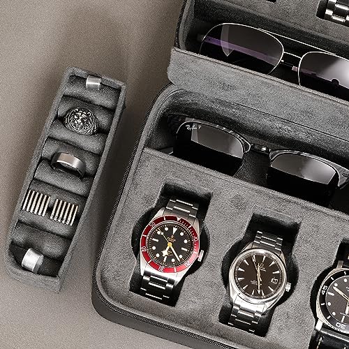 ROTHWELL 8 Watch Travel Case Storage Organizer for 8 Watches, Sunglasses, Rings & Cufflinks |Tough Portable Protection with Zipper Fits Most Wristwatches & Smart Watches Up to 50mm (Black/Grey)