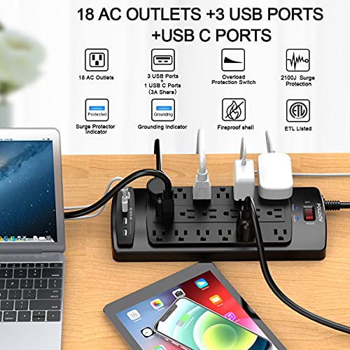 18-Outlet Surge Protector with USB Ports, 6ft