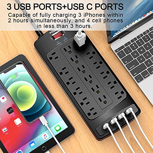 18-Outlet Surge Protector with USB Ports, 6ft