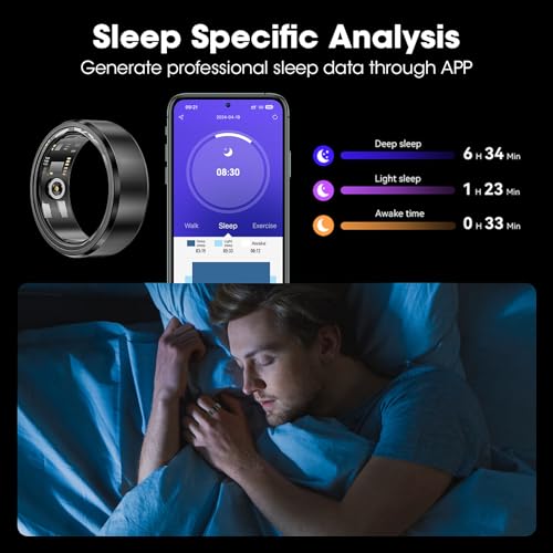 Smart Ring Health Fitness Tracker for Man, IP68 Waterproof Bluetooth Sleep Monitor, Fashionable Sport Smart Rings Black US8