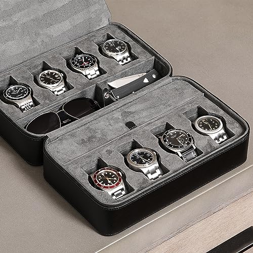 ROTHWELL 8 Watch Travel Case Storage Organizer for 8 Watches, Sunglasses, Rings & Cufflinks |Tough Portable Protection with Zipper Fits Most Wristwatches & Smart Watches Up to 50mm (Black/Grey)