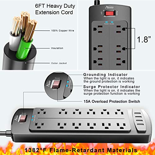 ALESTOR Surge Protector Power Strip with USB Ports