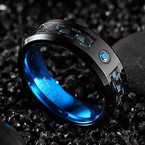 NUNCAD Tungsten Carbide Engagement Rings for Men 8mm Black Carbon Fiber and Blue CZ Inlay Wedding Band Size 8