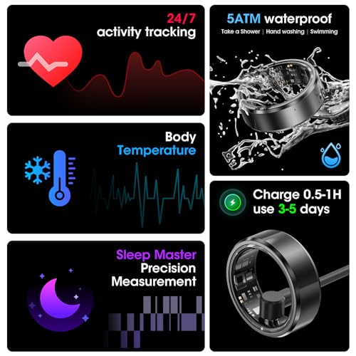 Smart Ring Health Fitness Tracker for Man, IP68 Waterproof Bluetooth Sleep Monitor, Fashionable Sport Smart Rings Black US8