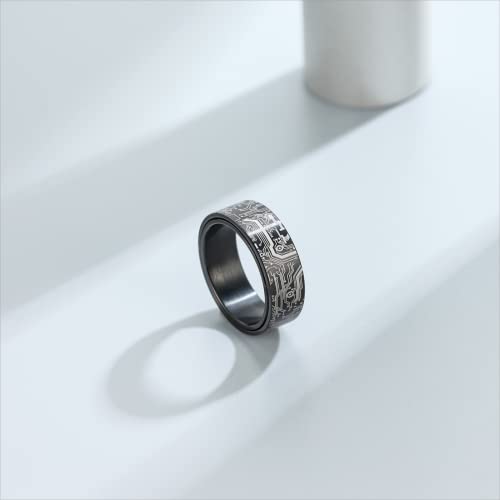 Adreamz 8mm Computer Circuit Board Pattern Ring - Spinner Fidget Ring for Men, Anxiety Relieving Fidget Black Stainless Steel Ring For Men Programmer Wedding Ring 11