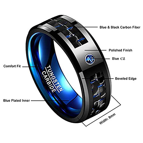 NUNCAD Tungsten Carbide Engagement Rings for Men 8mm Black Carbon Fiber and Blue CZ Inlay Wedding Band Size 8