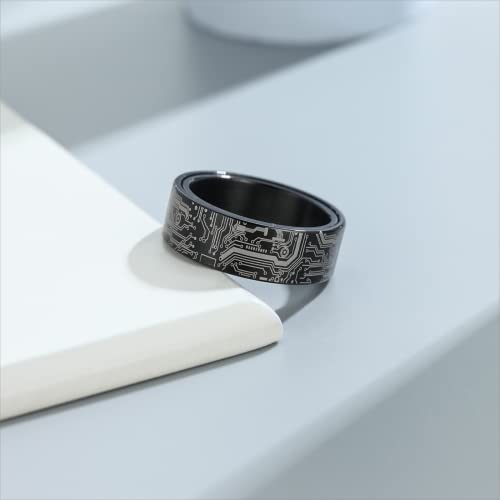 Adreamz 8mm Computer Circuit Board Pattern Ring - Spinner Fidget Ring for Men, Anxiety Relieving Fidget Black Stainless Steel Ring For Men Programmer Wedding Ring 11