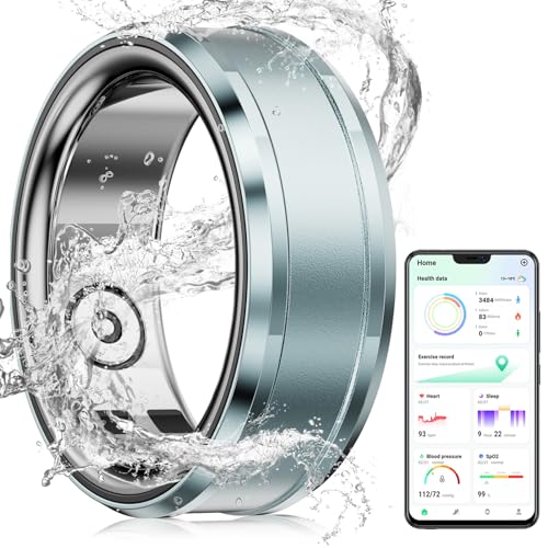 Smart Ring Bluetooth IP68 Waterproof Fitness Tracker, Health & Step Monitoring, Lightweight Sport Smart Rings for Men Cyan US11