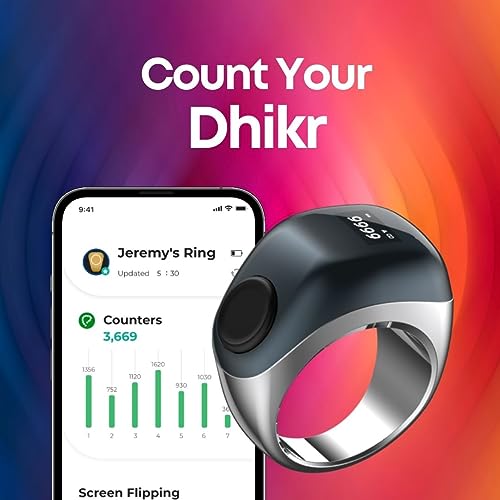 TAKVA - Zikr Ring Flex (2023) | Improved, Smart Tasbih Ring (Interchangeable Ring sizes) (Black, Plastic)