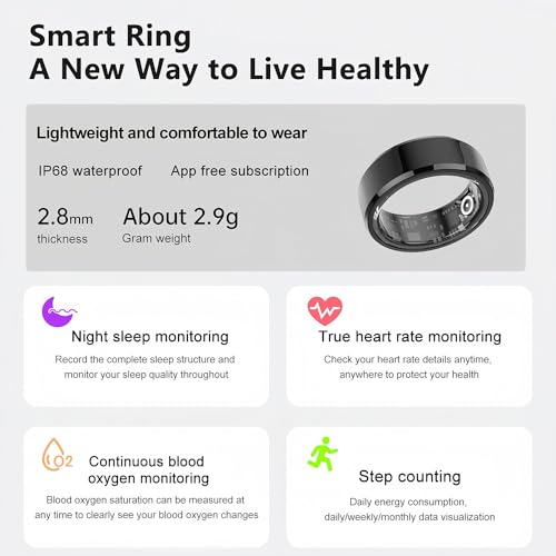 Generic Smart Ring, Health Tracker with Free Subscription, Sleep Tracking Wearable, Heart Rate, Blood Oxygen, Fitness Tracker with Charging Case, Great Gift for Women & Men, Black (Size 11)