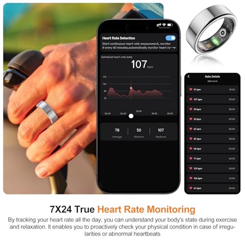 NEWTRENDS Smart Ring, Heart Rate/Sleep/Blood Oxygen Monitoring, Step Count, Wearable Fitness Tracker, APP Bluetooth Connected, IP68 Waterproof,Silver (Size 10)